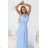 662-1 Elegant Evening Maxi Halter Dress with Tulle and Waist Tie - Light Blue
