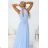 662-1 Elegant Evening Maxi Halter Dress with Tulle and Waist Tie - Light Blue