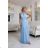 662-1 Elegant Evening Maxi Halter Dress with Tulle and Waist Tie - Light Blue