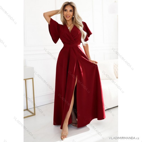 581-2 JENNIFER long dress with leg slit, sleeve and neckline - burgundy color 2XL wine