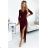 404-5 Shiny dress with a neckline and a slit on the leg - Burgundy color L wine