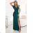 598-2 IRINA dazzling long dress with brocade, envelope neckline and slit on the leg - bottle green M emerald green