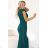 598-2 IRINA dazzling long dress with brocade, envelope neckline and slit on the leg - bottle green M emerald green