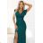 598-2 IRINA dazzling long dress with brocade, envelope neckline and slit on the leg - bottle green M emerald green