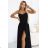 646-4 Long evening dress with straps and leg slit - black