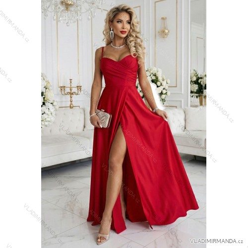 646-3 Long evening dress with straps and leg slit - red