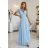 635-6 MELANIA Long Shimmering Dress with Neckline and Short Sleeve - Sky Blue
