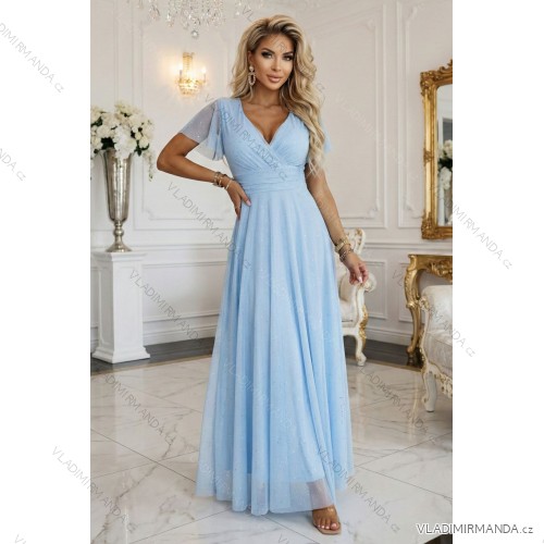 635-6 MELANIA Long Shimmering Dress with Neckline and Short Sleeve - Sky Blue
