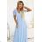 635-6 MELANIA Long Shimmering Dress with Neckline and Short Sleeve - Sky Blue