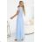 635-6 MELANIA Long Shimmering Dress with Neckline and Short Sleeve - Sky Blue