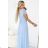 635-6 MELANIA Long Shimmering Dress with Neckline and Short Sleeve - Sky Blue