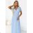 635-6 MELANIA Long Shimmering Dress with Neckline and Short Sleeve - Sky Blue