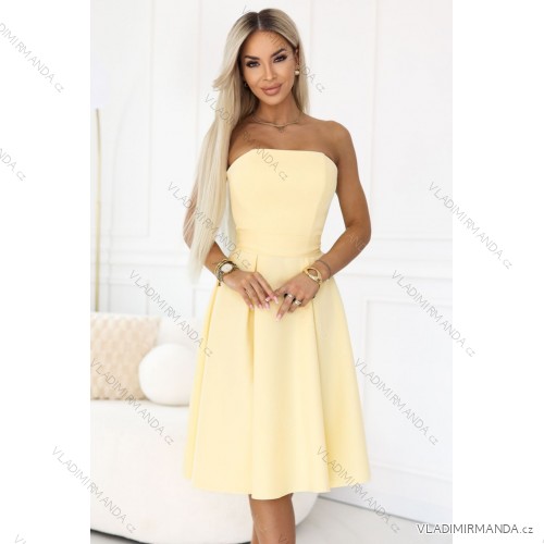 641-3 VIVIENNE Corset Flared Midi Dress with Belt - Pastel Yellow