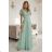 635-8 MELANIA Long Shimmering Dress with Neckline and Short Sleeve - Pistachio