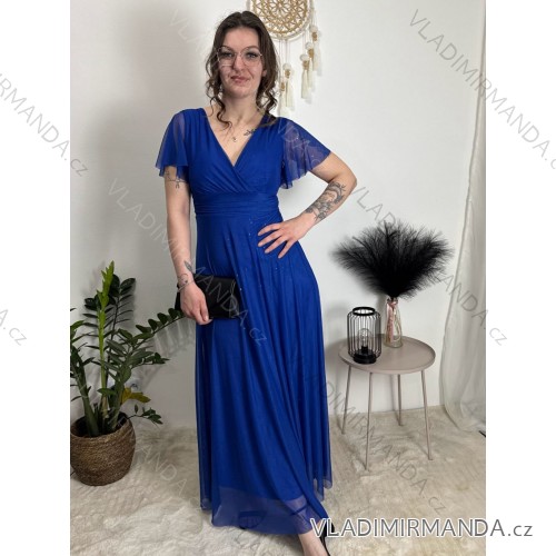 Women's Long Chiffon Short Sleeve Dress (S/M ONE SIZE) ITALIAN FASHION IMWGS231048 Royal blue XS/S/M