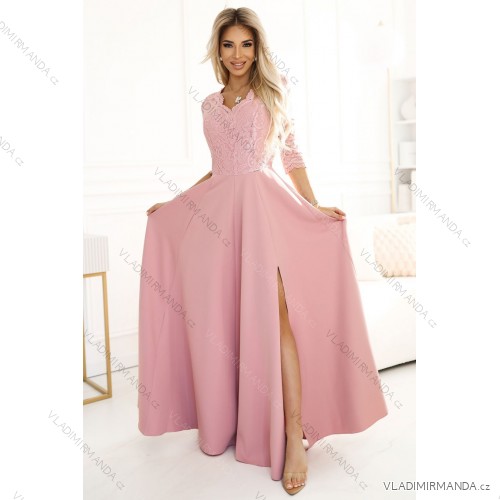 309-13 AMBER elegant long lace dress with a neckline - powder pink L růžová světlá