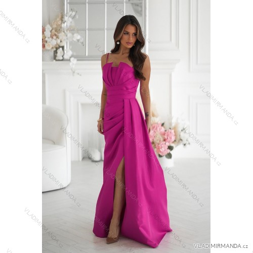 Šaty třpytivé elegantní společenské s geometrickým výstřihem na ramínky dámské (34-46) POLSKÁ MÓDA PMLBC24320-07 dark pink 34