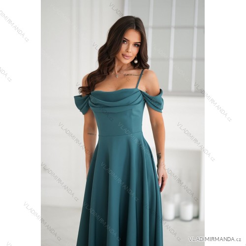 Glittery elegant party dress with geometric neckline on straps for women (34-46) POLISH FASHION PMLBC24320-20 blue 34