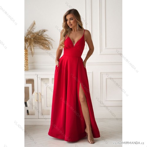 Glittery elegant party dress with geometric neckline on straps for women (34-46) POLISH FASHION PMLBC24320-20 red 34
