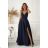 Glittery elegant party dress with geometric neckline on straps for women (34-46) POLISH FASHION PMLBC24320-20 dark blue 44