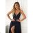Glittery elegant party dress with geometric neckline on straps for women (34-46) POLISH FASHION PMLBC24320-20 dark blue 44