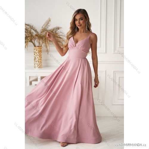 Glittery elegant party dress with geometric neckline on straps for women (34-46) POLISH FASHION PMLBC24320-20 pink 34