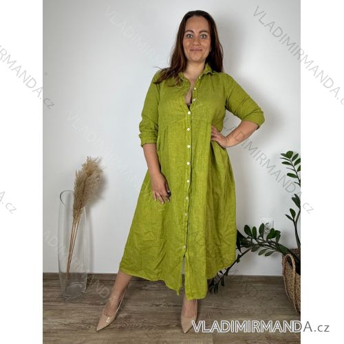 Women's Long Linen Shirt Dress Long Sleeve (S/M ONE SIZE) ITALIAN FASHION IMPLI2272014 44/46/48 green pea