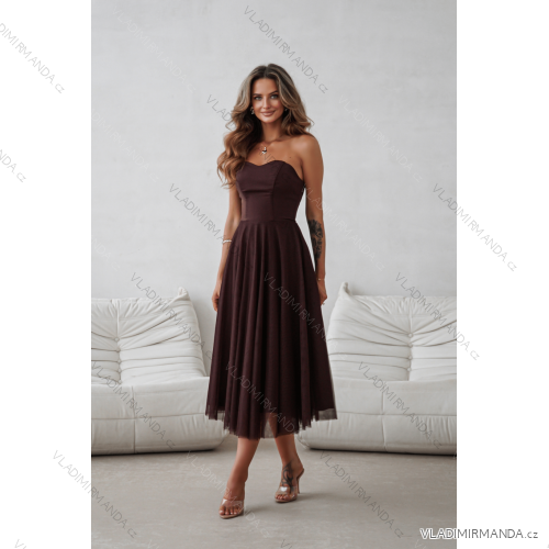 Women's (34-38) POLISH FASHION PMLWD24AMELIA Strapless Sequin Long Party Dress brown Chocolate 34