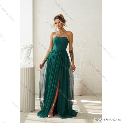 Women's Long Elegant Dress with Wide Straps (SL) FRENCH FASHION FMPEL23VELVET zelená tmavá 34