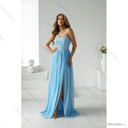 Women's Long Elegant Dress with Wide Straps (SL) FRENCH FASHION FMPEL23VELVET blue 40