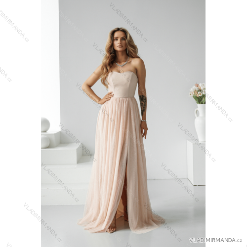 Women's Long Elegant Dress with Wide Straps (SL) FRENCH FASHION FMPEL23VELVET beige champagne 34