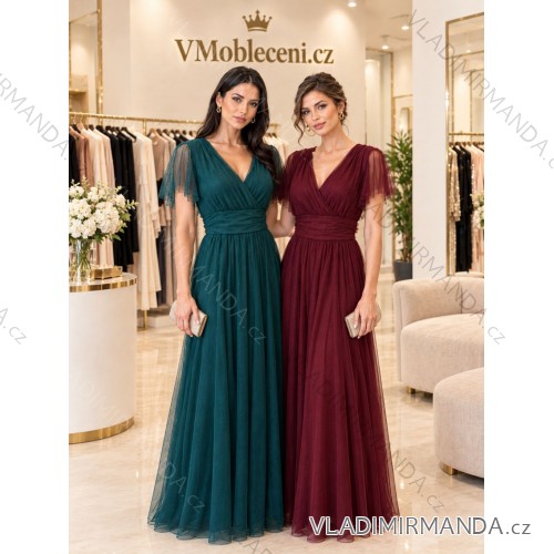 Šaty společenské dlouhé tylové krátký rukáv dámské (S/M/L ONE SIZE) ITALSKÁ MÓDA IMWMY26010/DU L / XL modrá petrolejová