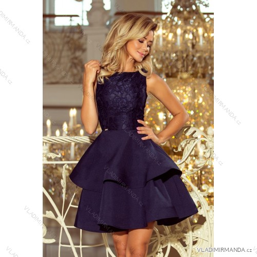 205-3 LAURA Flared Dress with Lace - Navy Blue
