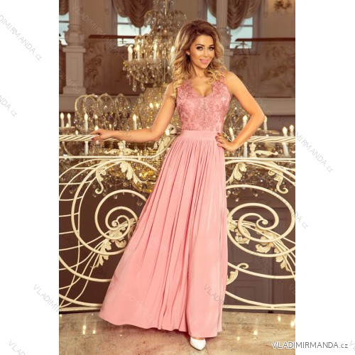 215-3 LEA Long Sleeveless Dress with Embroidered Cleavage - Pink
