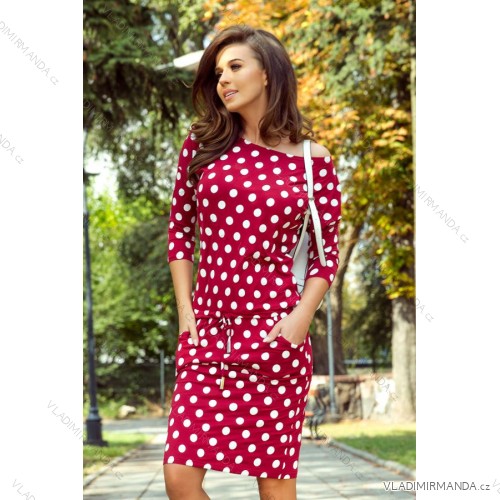 13-111 Sports dress with binding and pockets - burgundy + polka dots
