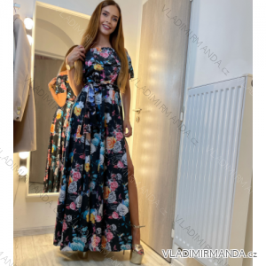 194-3 Long Dress with Frill - Black + Colorful Flowers
 NMC-194-3