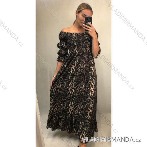 Šaty dlouhé letní žabičkované carmen přes ramena dámské leopard (S/M ONE SIZE) ITALSKÁ MÓDA IMWA216172-2/DR Brown S / M