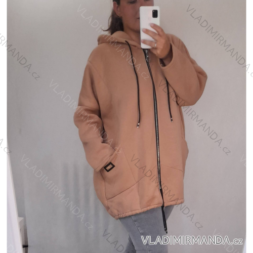 Women's Zip Long Sleeve Extended Hoodie (L / XL ONE SIZE) ITALIAN FASHION IMWT21247 L / XL one size světle hnědá