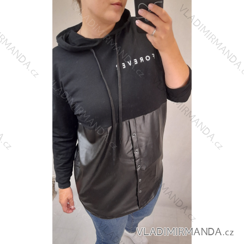 Mikina oversize balvněná dlouhý rukáv s kapucí dámská koženka (XL/2XL ONE SIZE) ITALSKÁ MÓDA IMW21047/DR black xl/2xl one size
