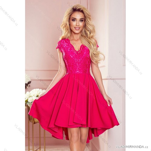 300-6 PATRICIA - dress with longer back with lace neckline - raspberry color