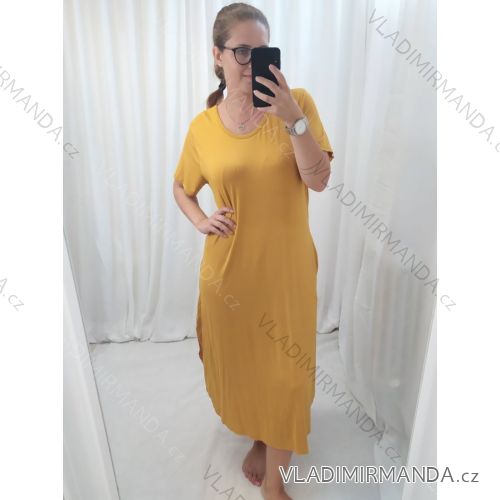 Šaty dlouhé maxi letní volnočasové krátký rukáv dámské (S/M ONE SIZE) ITALSKÁ MÓDA IMD22382 2XL/3XL hořčicová
