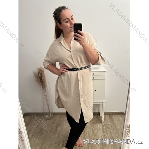 Košile prodloužená/šaty košilové s páskem dlouhý rukáv dámské nadrozměr (XL/2XL ONE SIZE) ITALSKÁ MÓDA IMPBB222713DS XL/2XL béžová