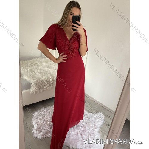 Women's Long Ball Gown Short Sleeve Dress (S/M/L ONE SIZE) ITALIAN FASHION IMH2280330/DR2 Burgundy