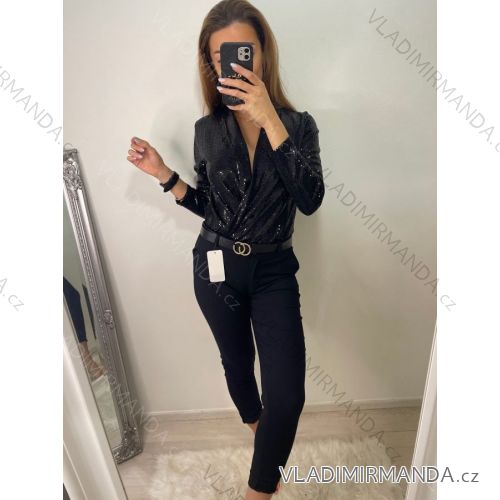 Kalhoty strečové s páskem dlouhé dámské (S-2XL) ITALSKÁ MÓDA IMP22010 S Black