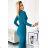 406-1 Draped dress with a neckline and long sleeves - sea with brocade