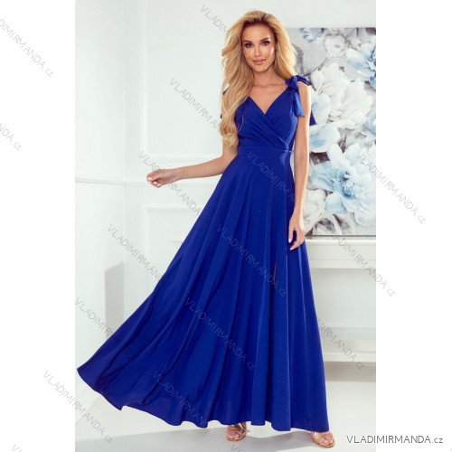 405-2 ELENA Long dress with a neckline and ties on the shoulders - blue