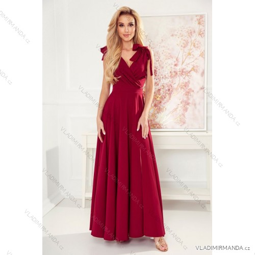 405-1 ELENA Long dress with a neckline and ties on the shoulders - Burgundy color