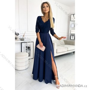309-6 AMBER elegant lace long dress with a neckline - navy blue