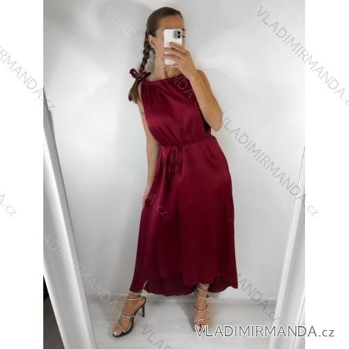Šaty dlouhé letní na ramínka saténové dámské (S/M ONE SIZE) ITALSKÁ MÓDA IM422988 S/M Wine