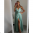 Long summer satin dress with straps women with belt (UNI S / M) ITALIAN FASHION IMM22INFINITE -   green pea -   S / M